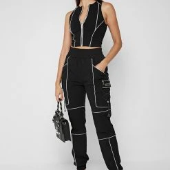 Woman Trousers CARGO PANTS & JOGGERS Reflective Piped Cargo Pants - Black