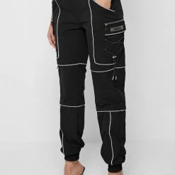 Woman Trousers CARGO PANTS & JOGGERS Reflective Piped Cargo Pants - Black