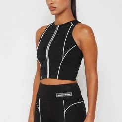 Woman Tops Reflective Piped Crop Top - Black TOPS & T SHIRTS