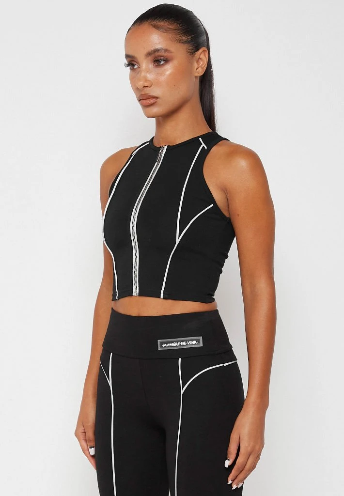 Woman Tops Reflective Piped Crop Top - Black TOPS & T SHIRTS