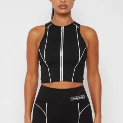 Woman Tops Reflective Piped Crop Top - Black TOPS & T SHIRTS