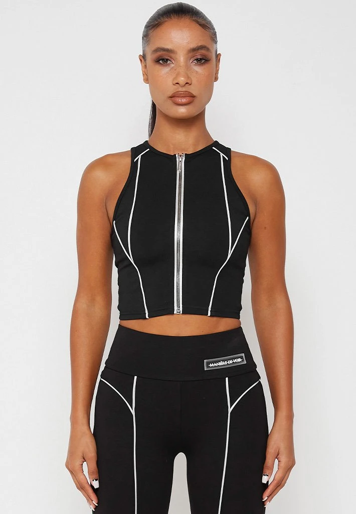 Woman Tops Reflective Piped Crop Top - Black TOPS & T SHIRTS