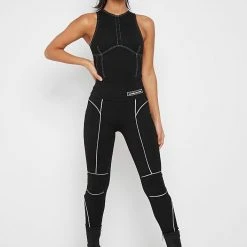 Woman Leggings Reflective Piped Leggings - Black