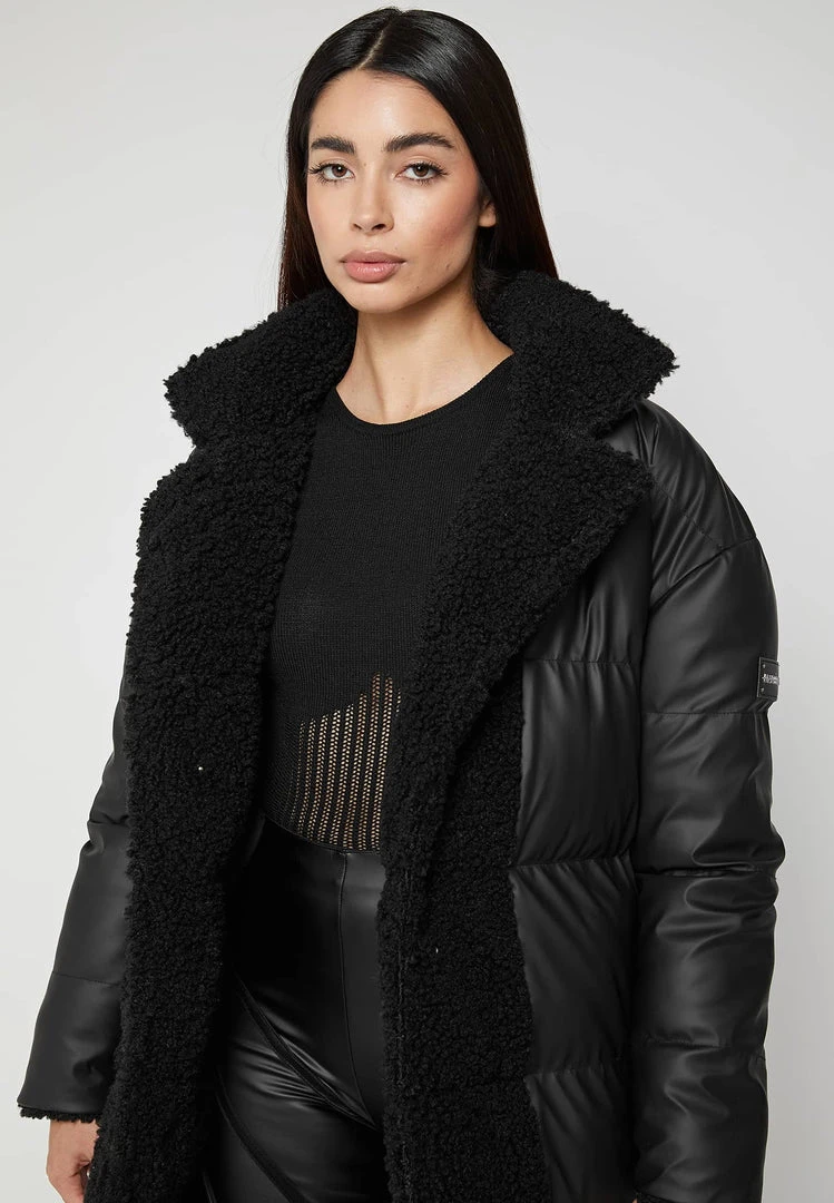 Woman Coats Reversible Borg Longline Puffer Coat - Black