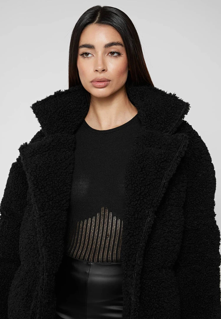 Woman Coats Reversible Borg Longline Puffer Coat - Black