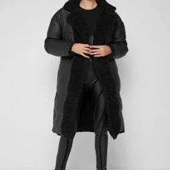 Woman Coats Reversible Borg Longline Puffer Coat - Black