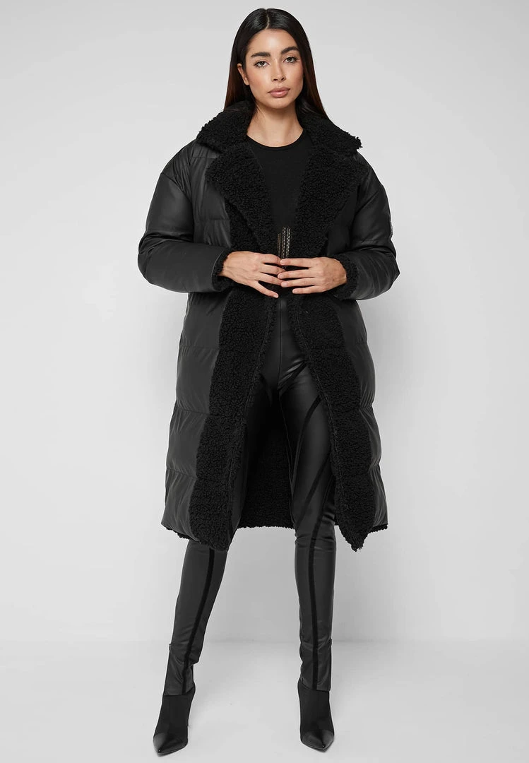 Woman Coats Reversible Borg Longline Puffer Coat - Black