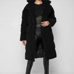 Woman Coats Reversible Borg Longline Puffer Coat - Black