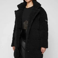 Woman Coats Reversible Borg Longline Puffer Coat - Black