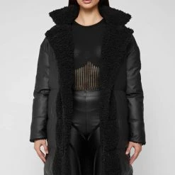 Woman Coats Reversible Borg Longline Puffer Coat - Black