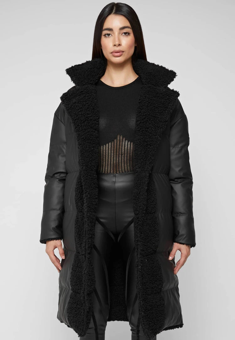 Woman Coats Reversible Borg Longline Puffer Coat - Black