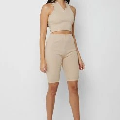Woman Shorts CO-ORDS Ribbed Cycling Shorts - Beige