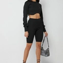 Woman Shorts Ribbed Cycling Shorts - Black CO-ORDS