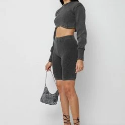 Woman Shorts CO-ORDS Ribbed Cycling Shorts - Washed Grey