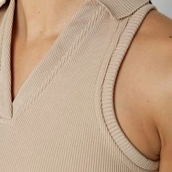 Woman Tops Ribbed Polo Crop Top - Beige TOPS & T SHIRTS