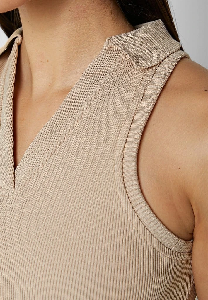 Woman Tops Ribbed Polo Crop Top - Beige TOPS & T SHIRTS
