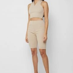 Woman Tops Ribbed Polo Crop Top - Beige TOPS & T SHIRTS