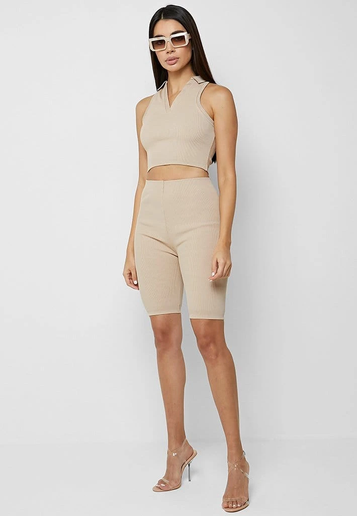 Woman Tops Ribbed Polo Crop Top - Beige TOPS & T SHIRTS