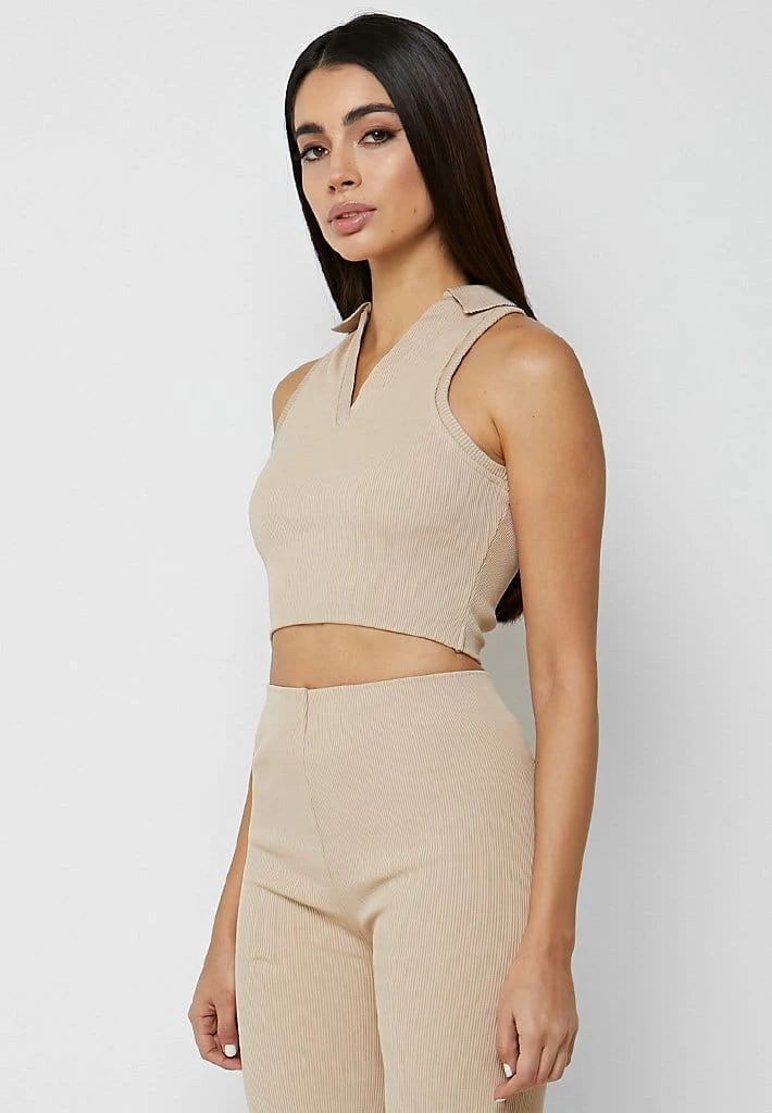 Woman Tops Ribbed Polo Crop Top - Beige TOPS & T SHIRTS