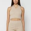 Woman Tops Ribbed Polo Crop Top - Beige TOPS & T SHIRTS