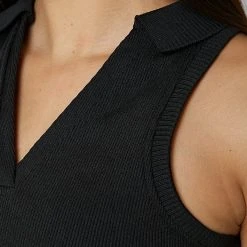 Woman Tops Ribbed Polo Crop Top - Black