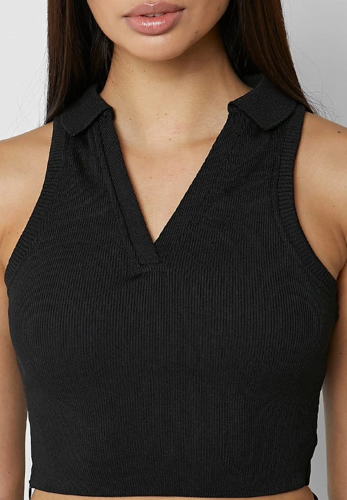 Woman Tops Ribbed Polo Crop Top - Black