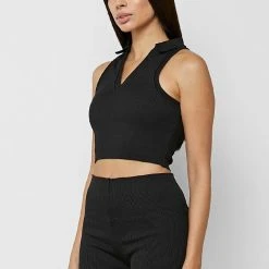 Woman Tops Ribbed Polo Crop Top - Black