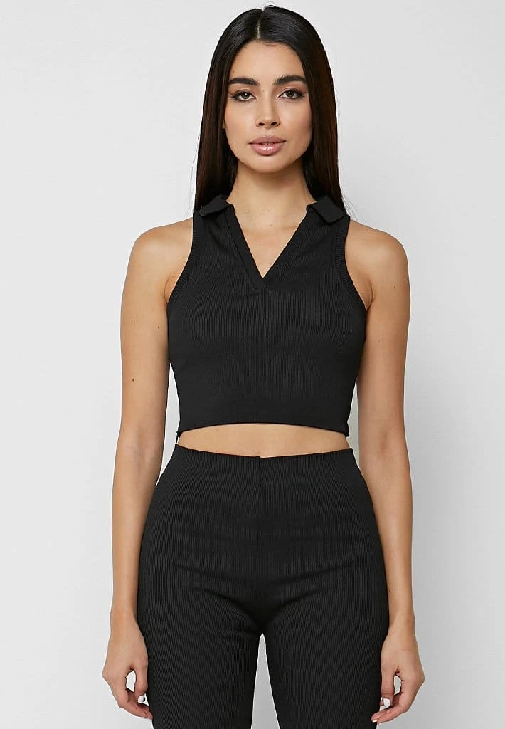 Woman Tops Ribbed Polo Crop Top - Black