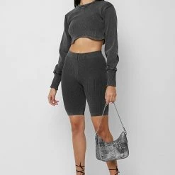 Woman Tops Ribbed Underbust Crop Top - Washed Grey TOPS & T SHIRTS