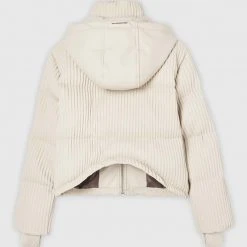 Woman Coats Ribbed Vegan Leather Puffer Jacket - Beige