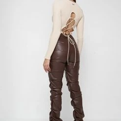 Woman Tops Ribbed Cut Out Lace Up Top - Beige