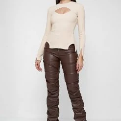 Woman Tops Ribbed Cut Out Lace Up Top - Beige