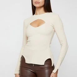 Woman Tops Ribbed Cut Out Lace Up Top - Beige