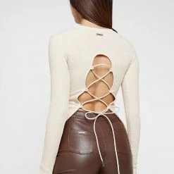 Woman Tops Ribbed Cut Out Lace Up Top - Beige