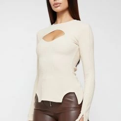 Woman Tops Ribbed Cut Out Lace Up Top - Beige