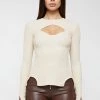 Woman Tops Ribbed Cut Out Lace Up Top - Beige