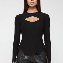 Woman Tops Ribbed Cut Out Lace Up Top - Black