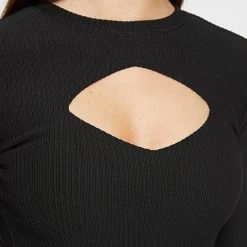 Woman Tops Ribbed Cut Out Lace Up Top - Black