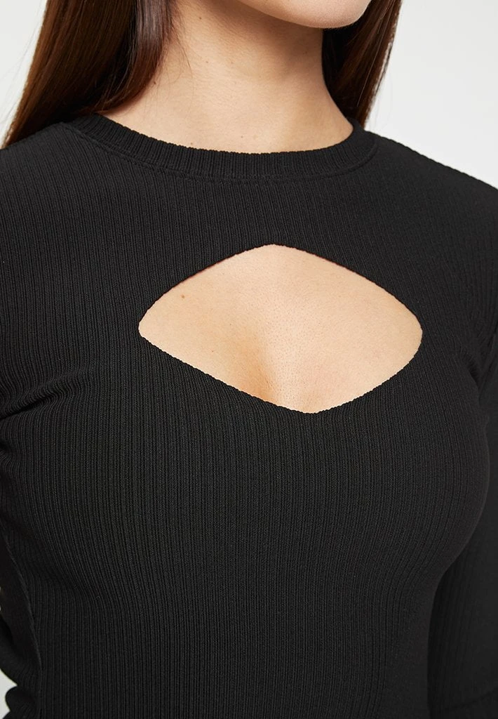 Woman Tops Ribbed Cut Out Lace Up Top - Black