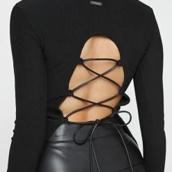 Woman Tops Ribbed Cut Out Lace Up Top - Black