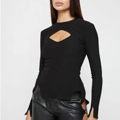 Woman Tops Ribbed Cut Out Lace Up Top - Black