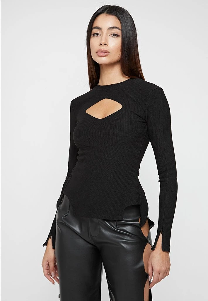 Woman Tops Ribbed Cut Out Lace Up Top - Black