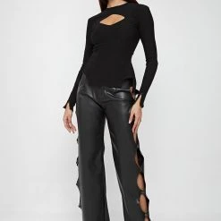 Woman Tops Ribbed Cut Out Lace Up Top - Black