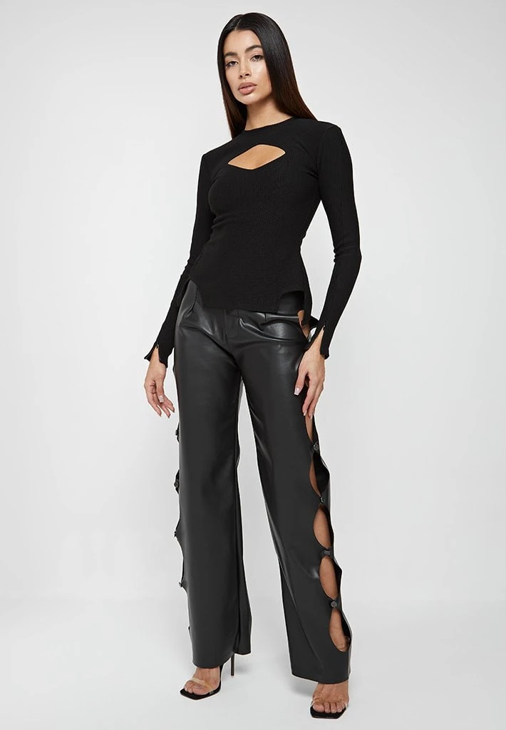 Woman Tops Ribbed Cut Out Lace Up Top - Black