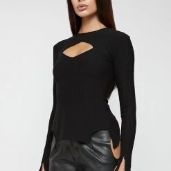 Woman Tops Ribbed Cut Out Lace Up Top - Black