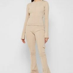 Woman Tracksuits Ribbed Flared Leggings - Beige