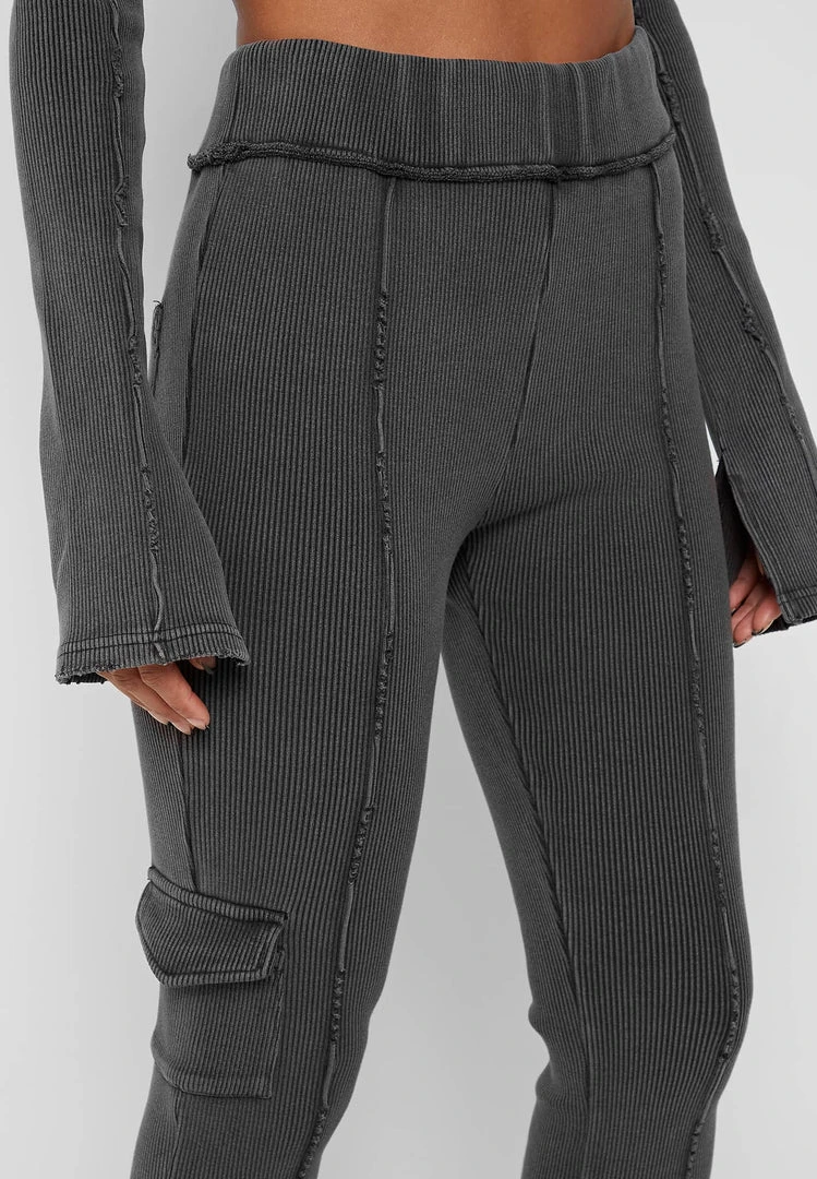 Woman Tracksuits Ribbed Flared Leggings - Washed Grey