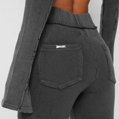 Woman Tracksuits Ribbed Flared Leggings - Washed Grey