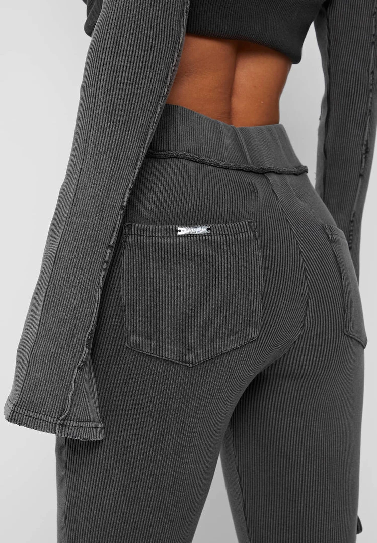 Woman Tracksuits Ribbed Flared Leggings - Washed Grey