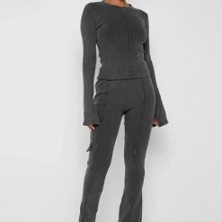 Woman Tracksuits Ribbed Flared Leggings - Washed Grey
